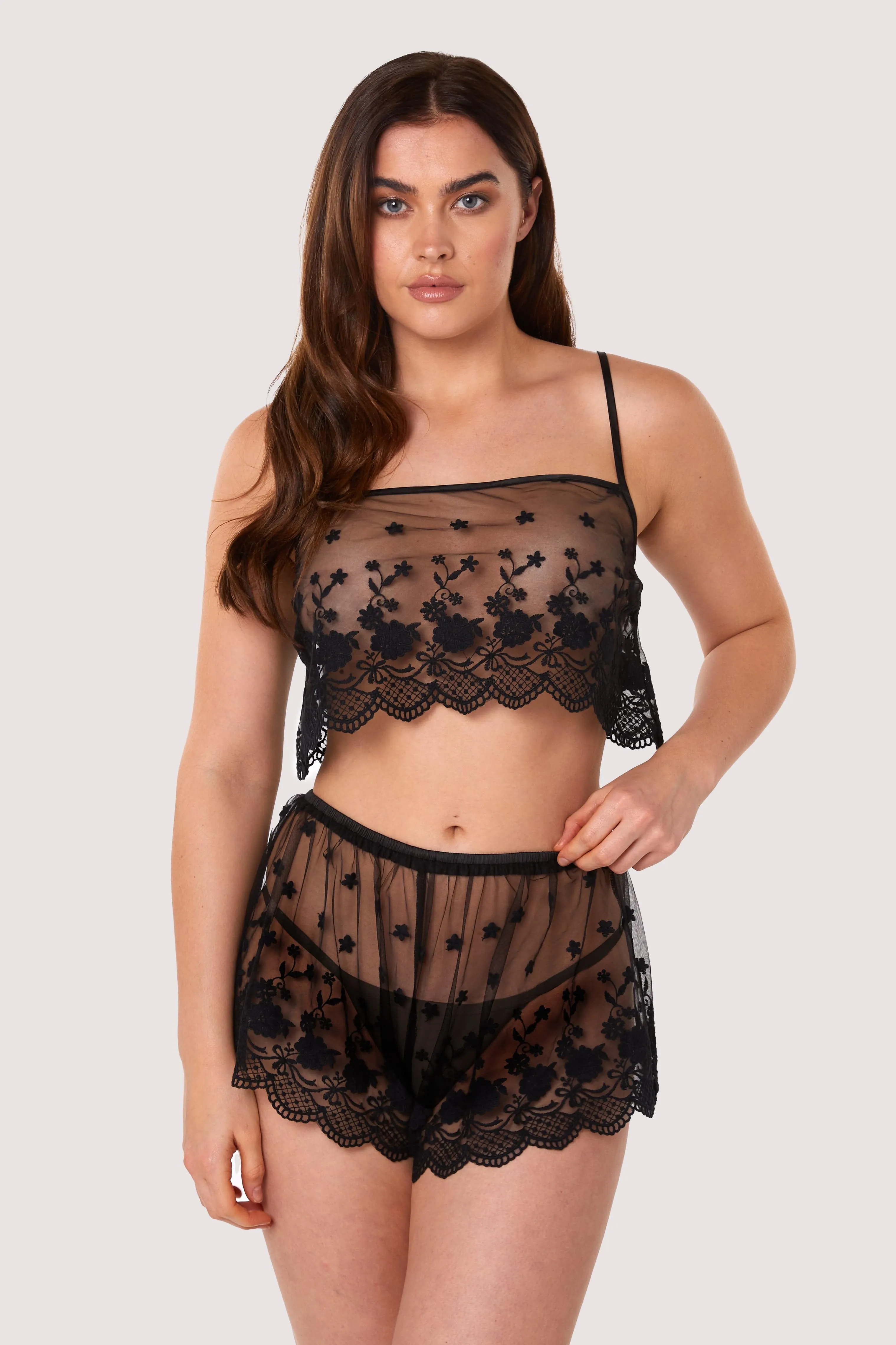 Faith Black Sheer Embroidered Cami and Short Set