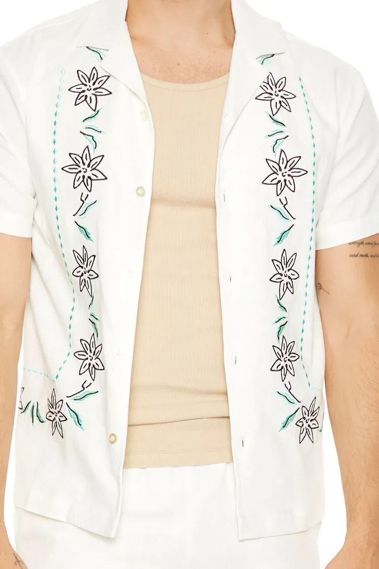 Floral Embroidered Linen-Blend Shirt