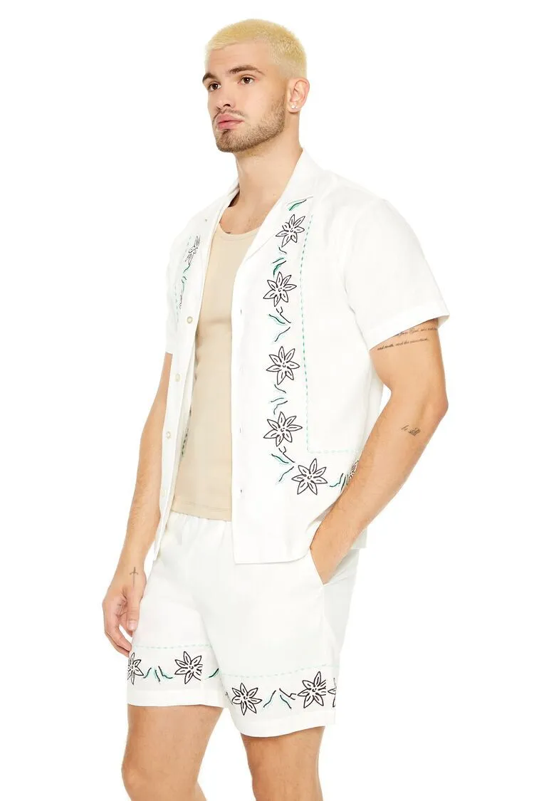 Floral Embroidered Linen-Blend Shirt