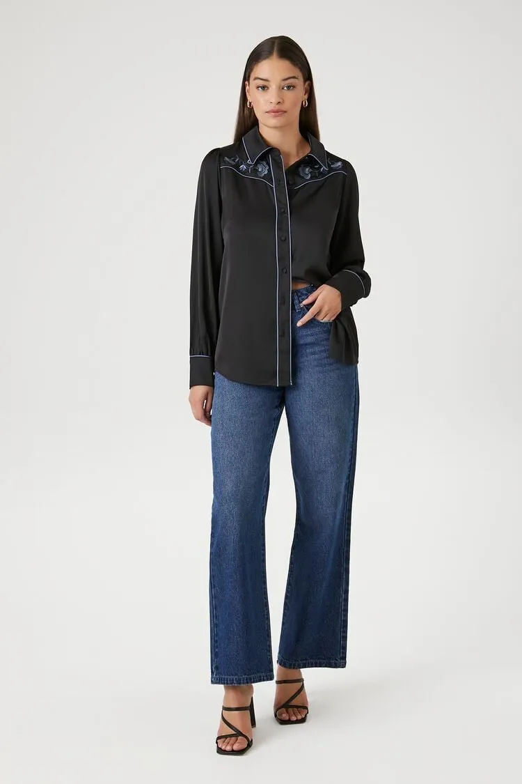 Floral Embroidered Satin Shirt