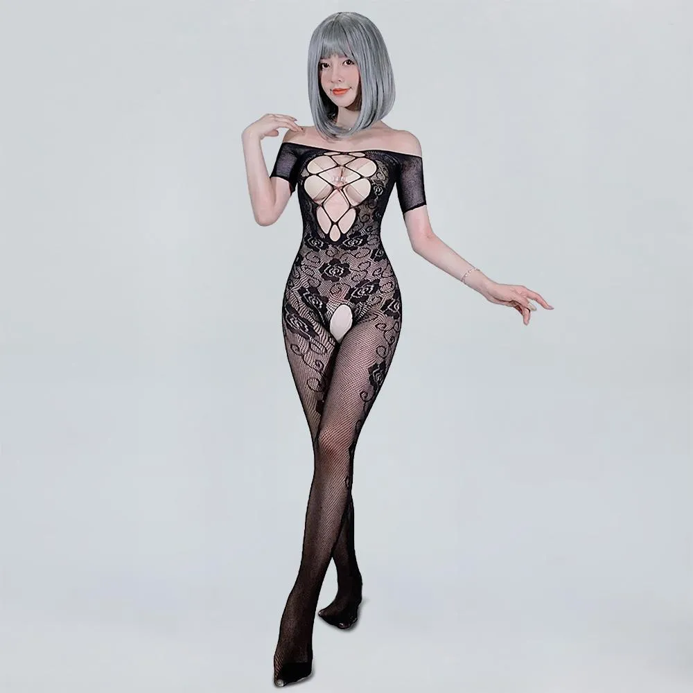 Floral Lace Bodystocking Sexy Black Hollow Crotchless Bodysuit