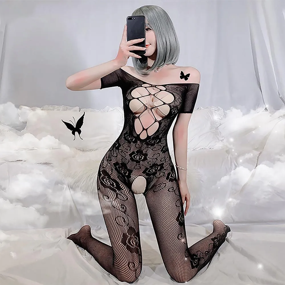Floral Lace Bodystocking Sexy Black Hollow Crotchless Bodysuit