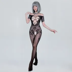 Floral Lace Bodystocking Sexy Black Hollow Crotchless Bodysuit