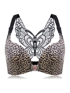 Front Closure Butterfly Embroidery Back Wireless Push Up Bra,Gold
