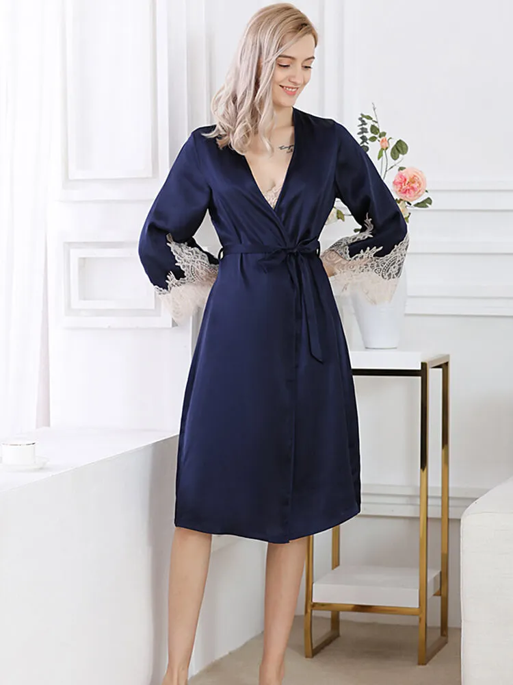 Lace Long Silk Chemise and Robe Set