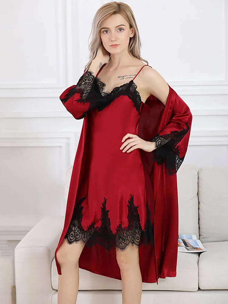 Lace Long Silk Chemise and Robe Set
