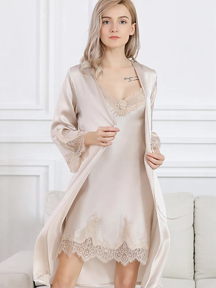 Lace Long Silk Chemise and Robe Set