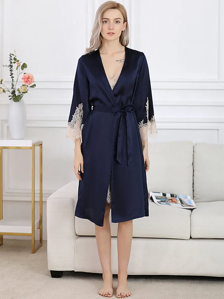 Lace Long Silk Chemise and Robe Set