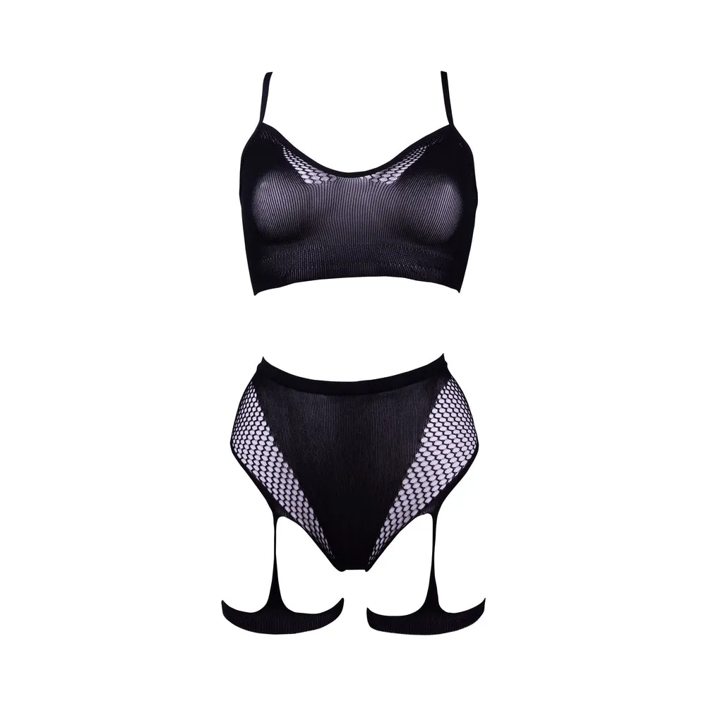 Le Desir Bliss 2-Piece Fishnet Bra & Gartered Panty Set Black O/S
