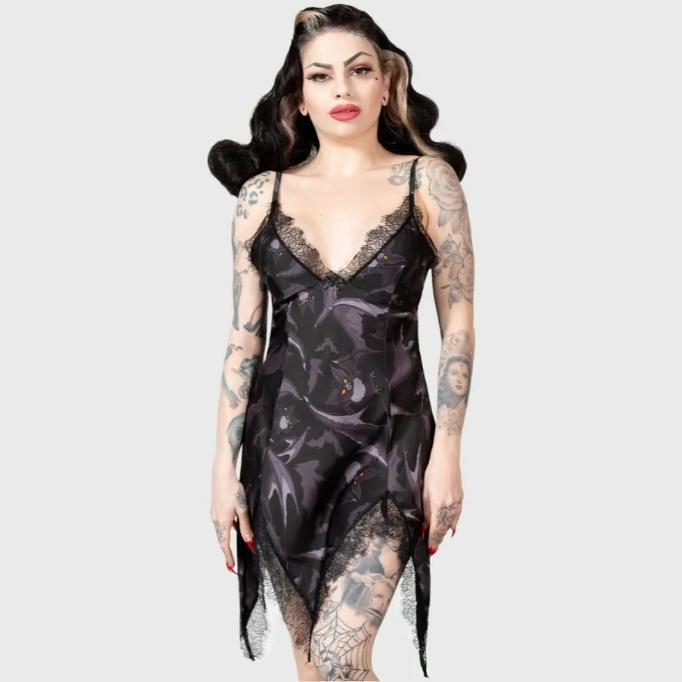 Midnight Ire Lounge Dress Lace Trim & Bat Print Gothic Nightwear