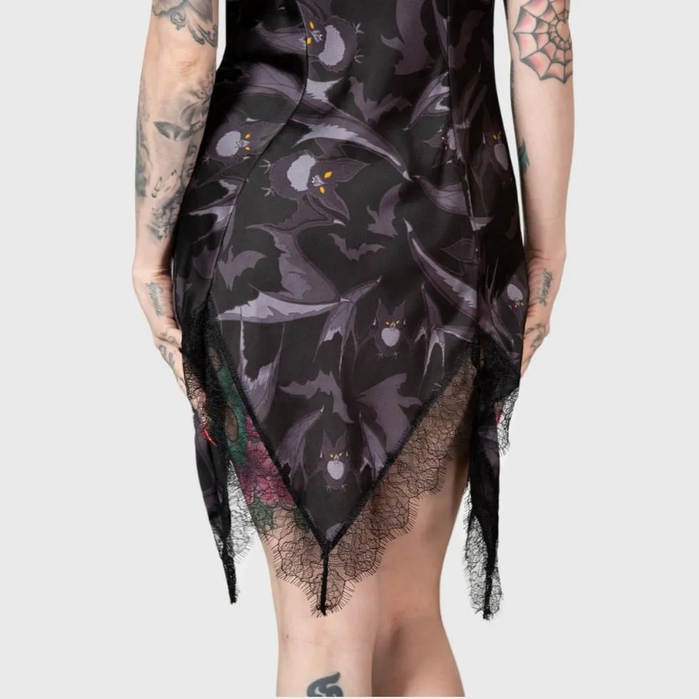 Midnight Ire Lounge Dress Lace Trim & Bat Print Gothic Nightwear