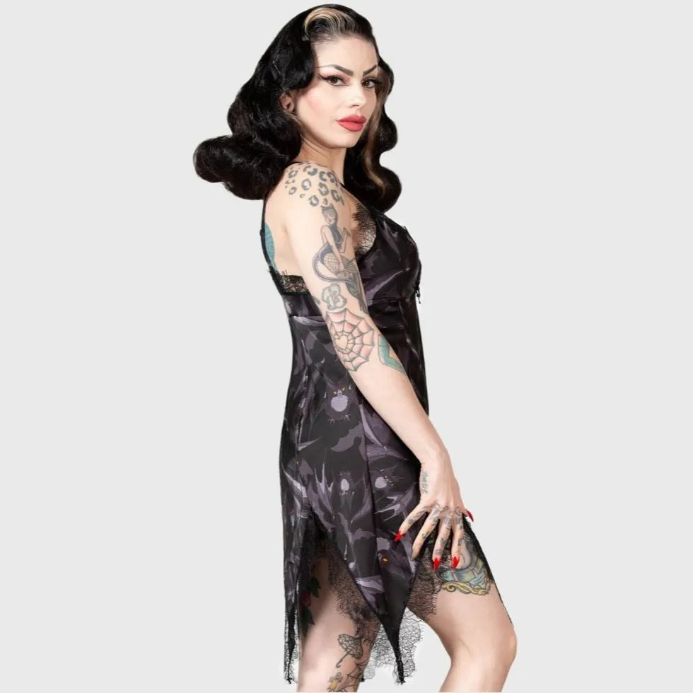 Midnight Ire Lounge Dress Lace Trim & Bat Print Gothic Nightwear