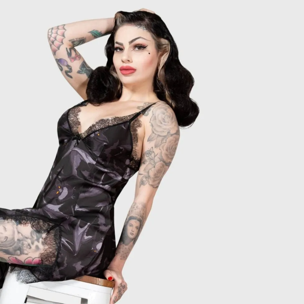 Midnight Ire Lounge Dress Lace Trim & Bat Print Gothic Nightwear