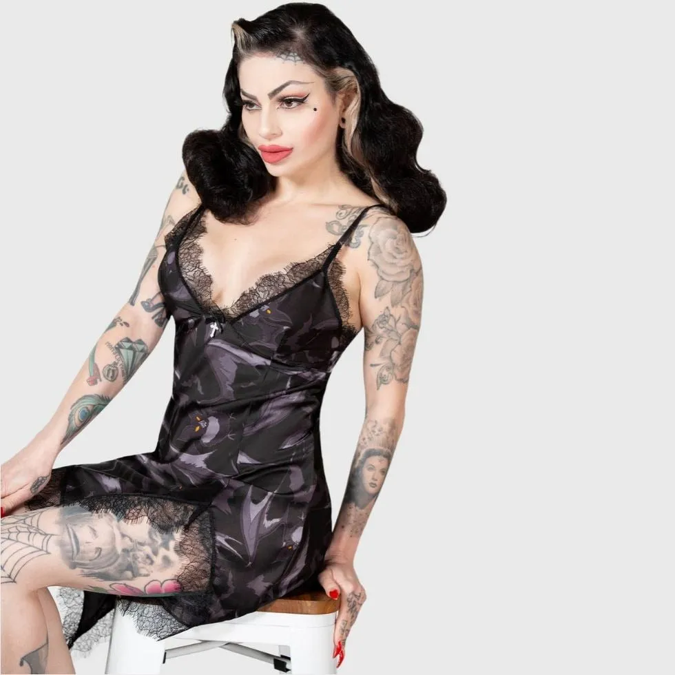 Midnight Ire Lounge Dress Lace Trim & Bat Print Gothic Nightwear
