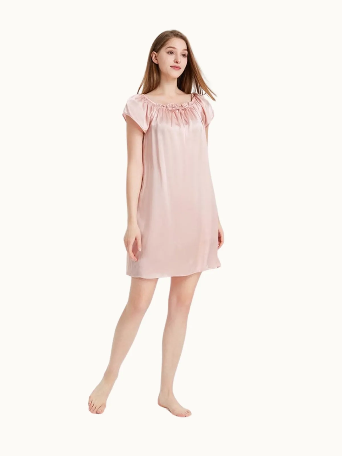 Pink Women Short Sleeve Ruffle Silk Chemise