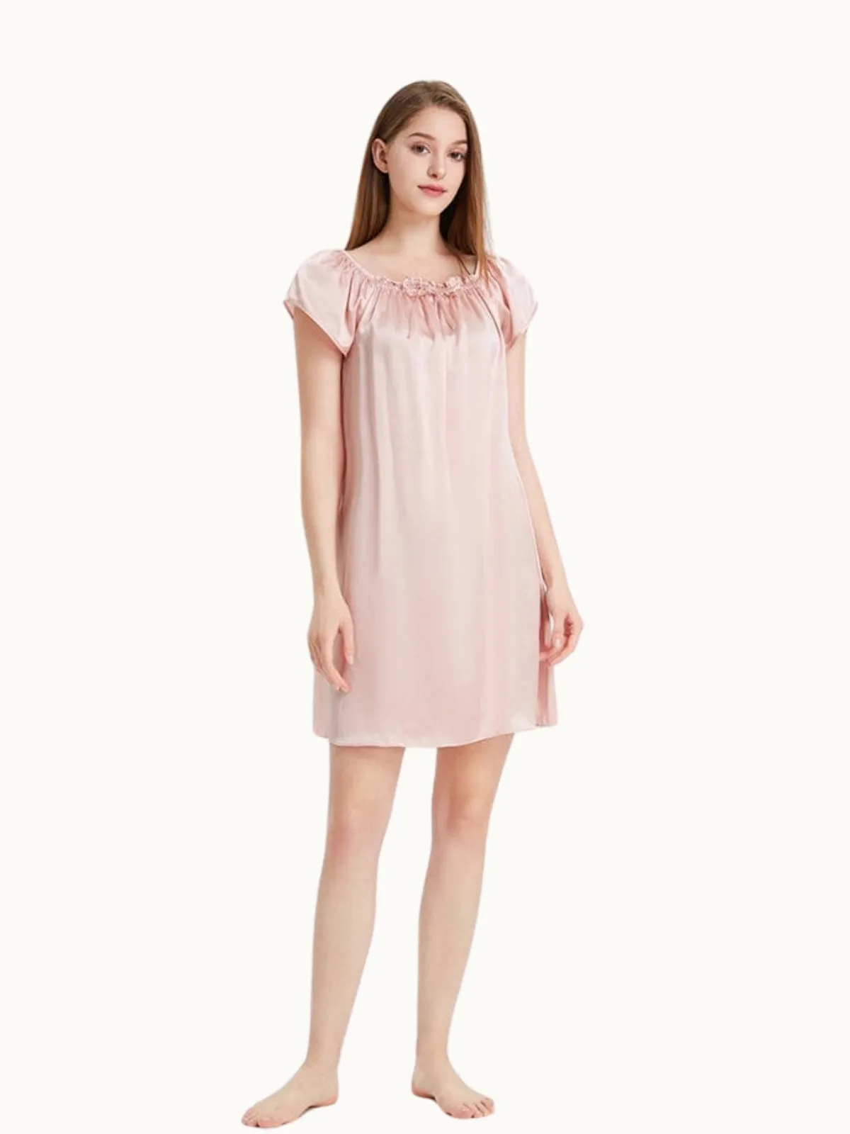 Pink Women Short Sleeve Ruffle Silk Chemise