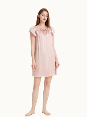 Pink Women Short Sleeve Ruffle Silk Chemise