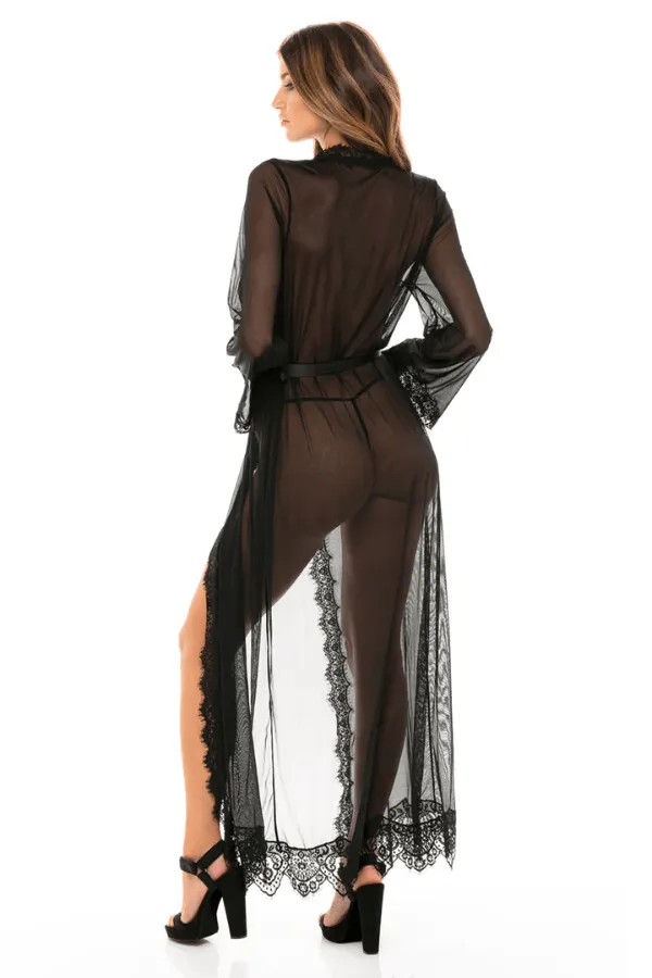 Provence Sheer Long Robe Set - Black