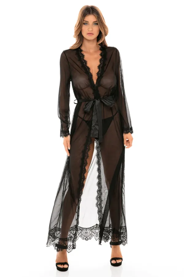 Provence Sheer Long Robe Set - Black
