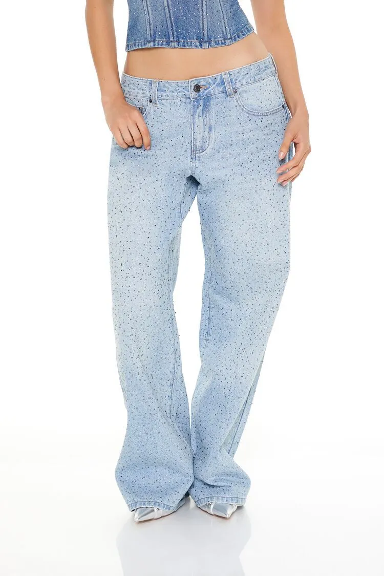 Rhinestone Low-Rise Baggy Jeans