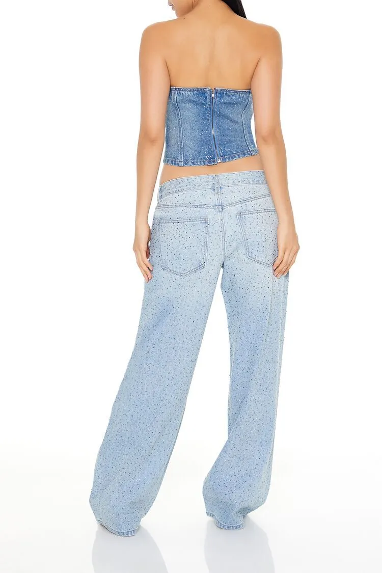 Rhinestone Low-Rise Baggy Jeans