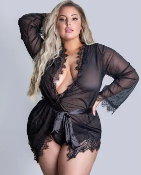 Sheer Eyelash Lace Trim Robe Black Curvy
