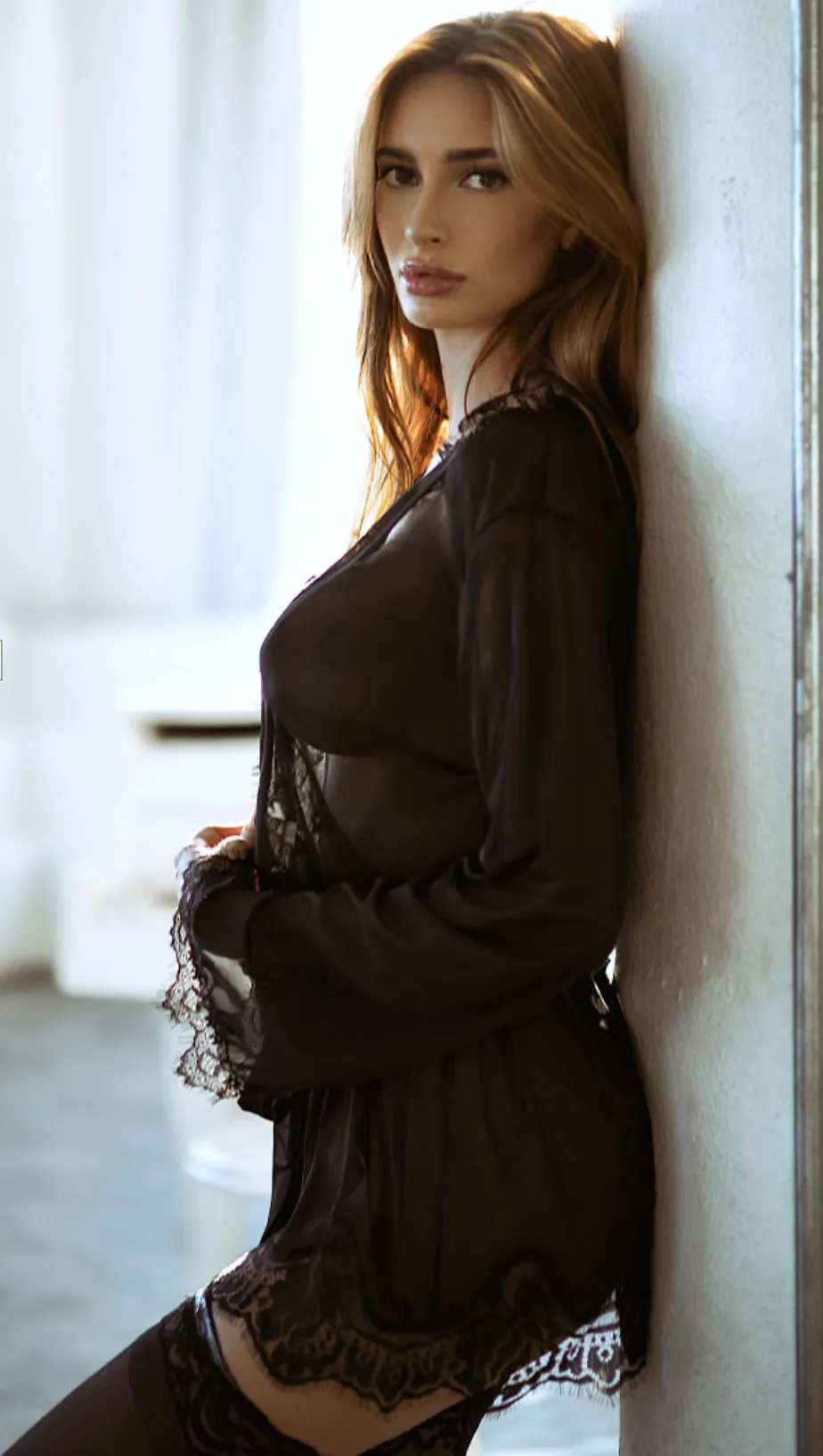 Sheer Eyelash Lace Trim Robe Black
