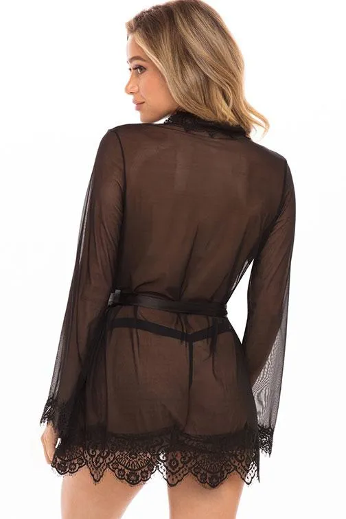 Sheer Eyelash Lace Trim Robe Black