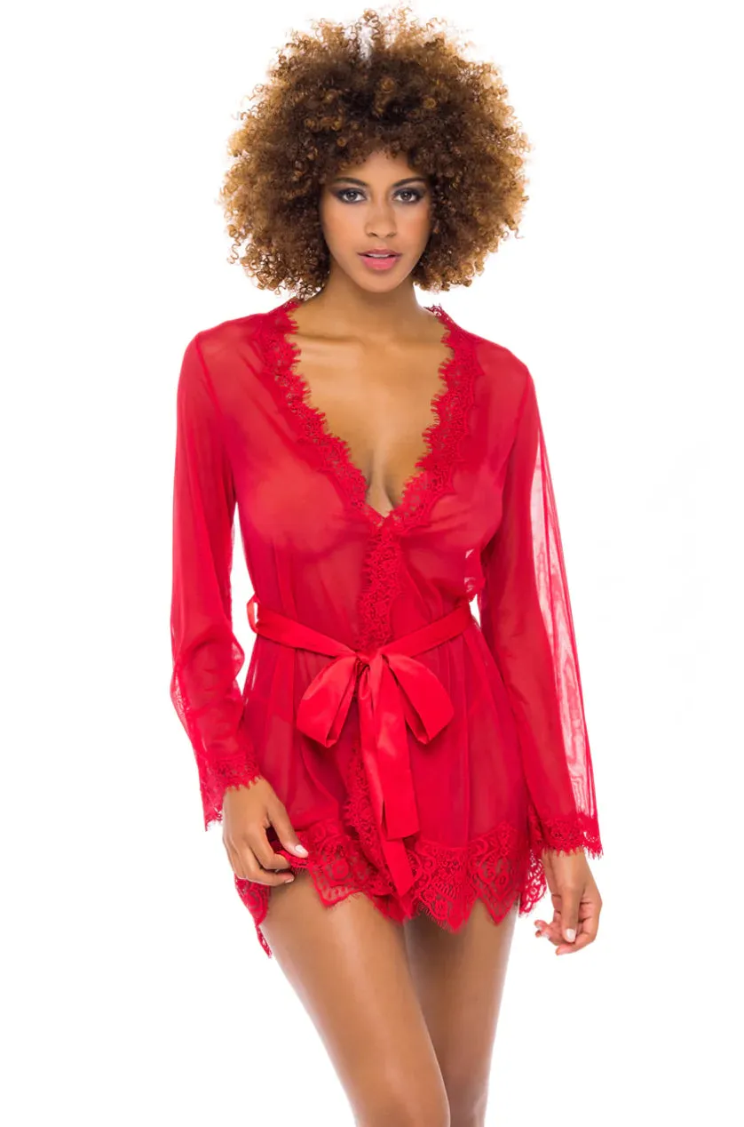 Sheer Eyelash Lace Trim Robe Red