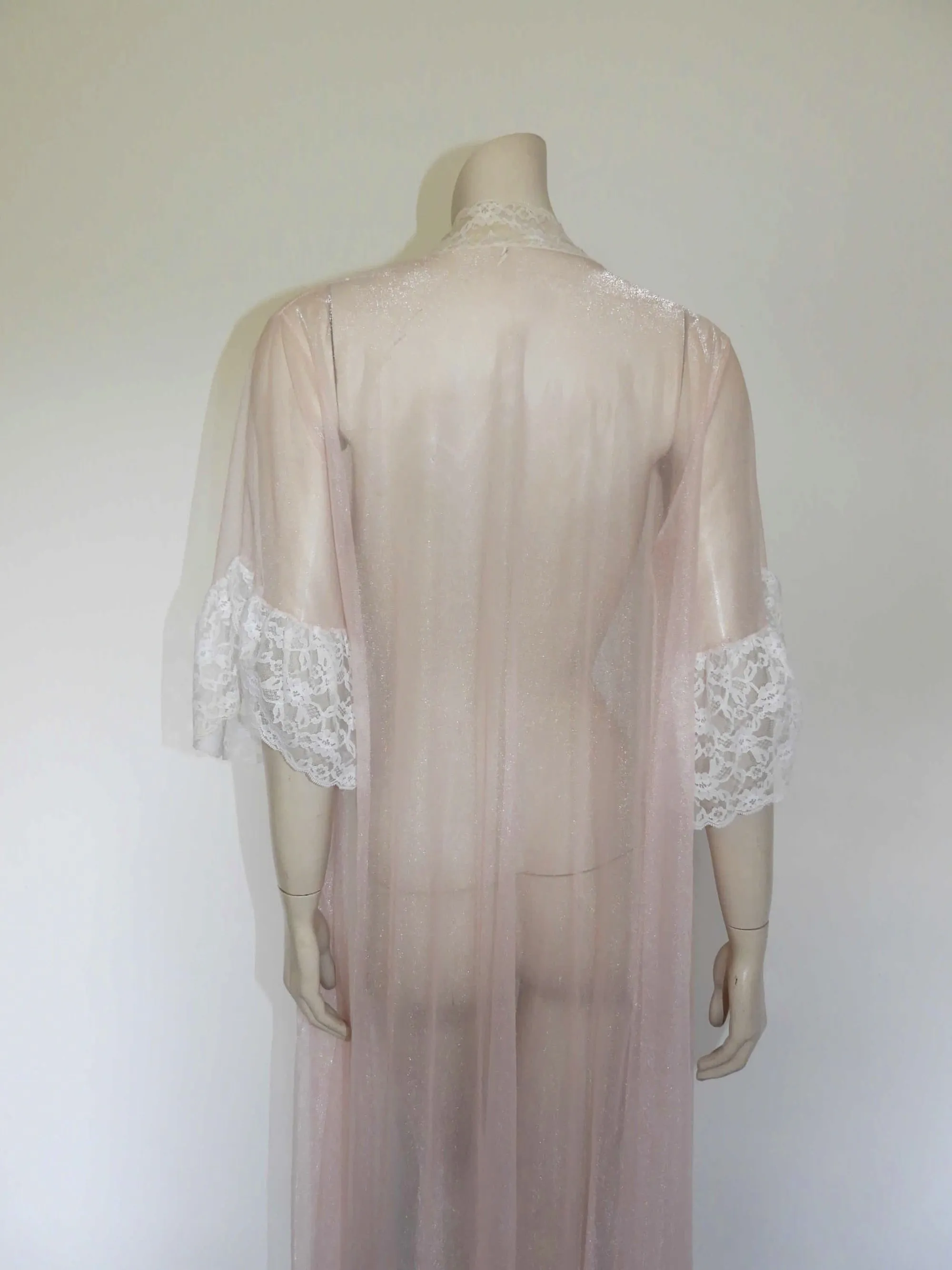 Sheer Pale Pink Robe, Peignoir, with Ruffled Sleeves - M