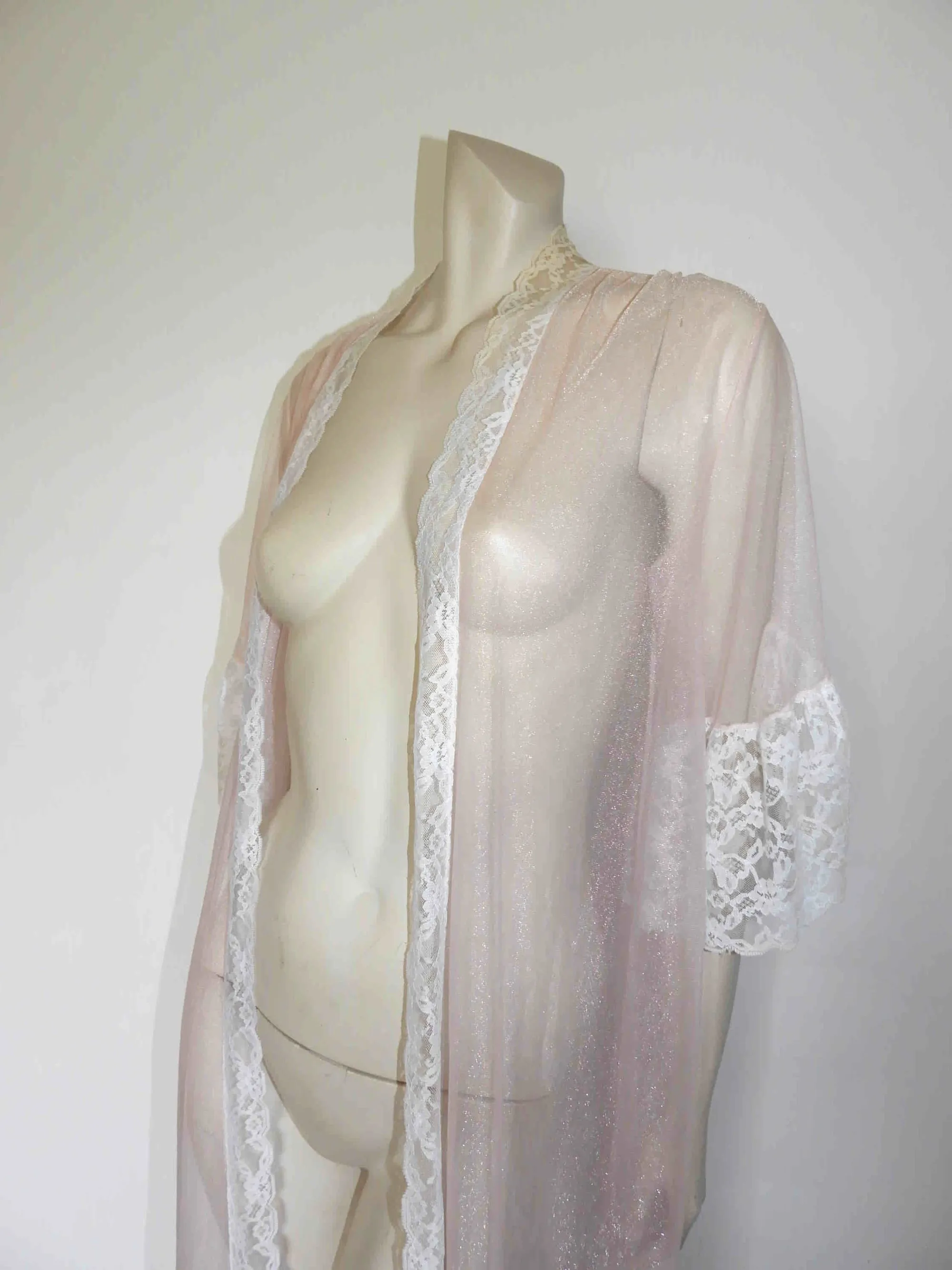 Sheer Pale Pink Robe, Peignoir, with Ruffled Sleeves - M