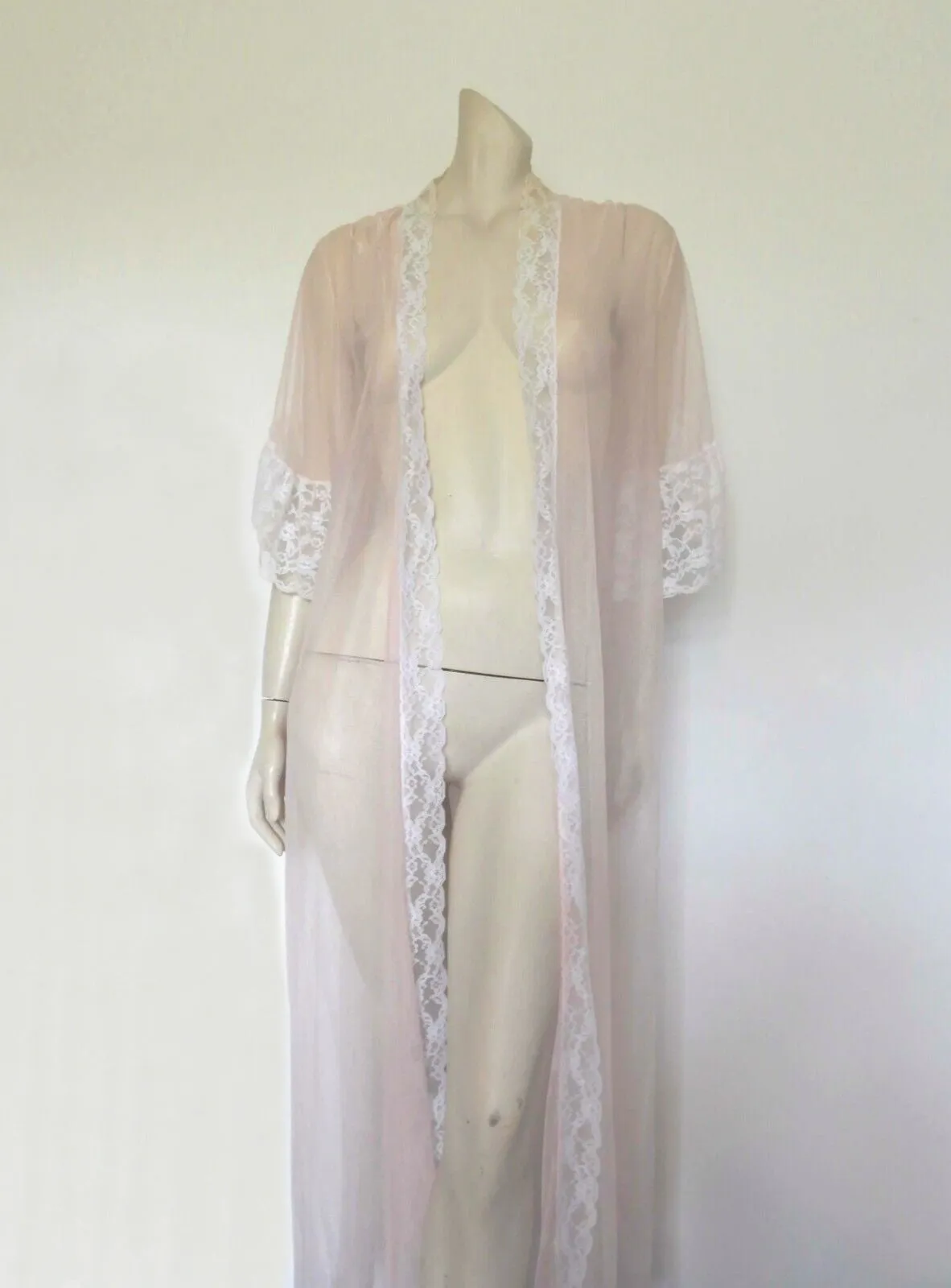 Sheer Pale Pink Robe, Peignoir, with Ruffled Sleeves - M