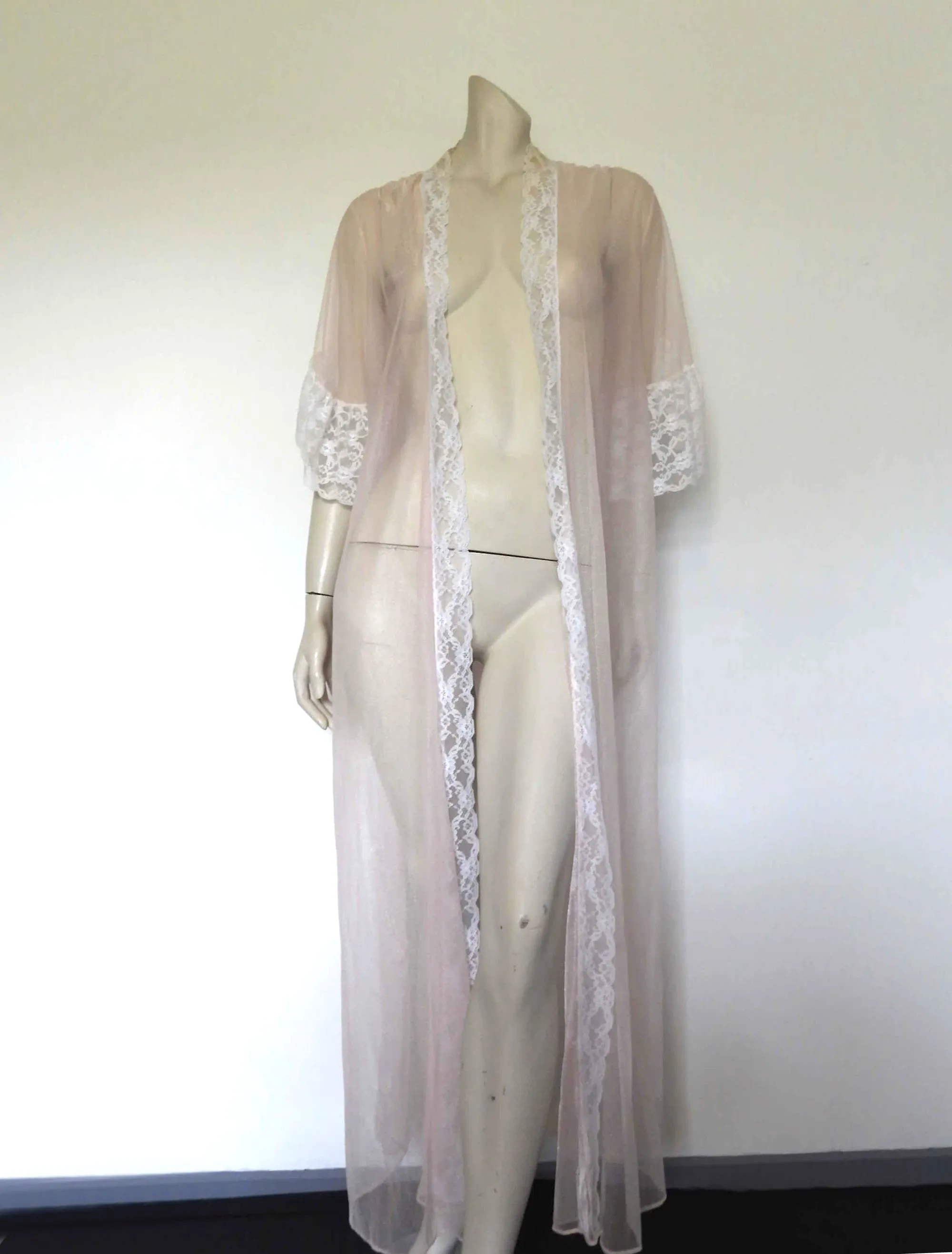 Sheer Pale Pink Robe, Peignoir, with Ruffled Sleeves - M