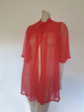 Sheer Red Mini Robe With Lace Yoke and Mandarin Collar - M