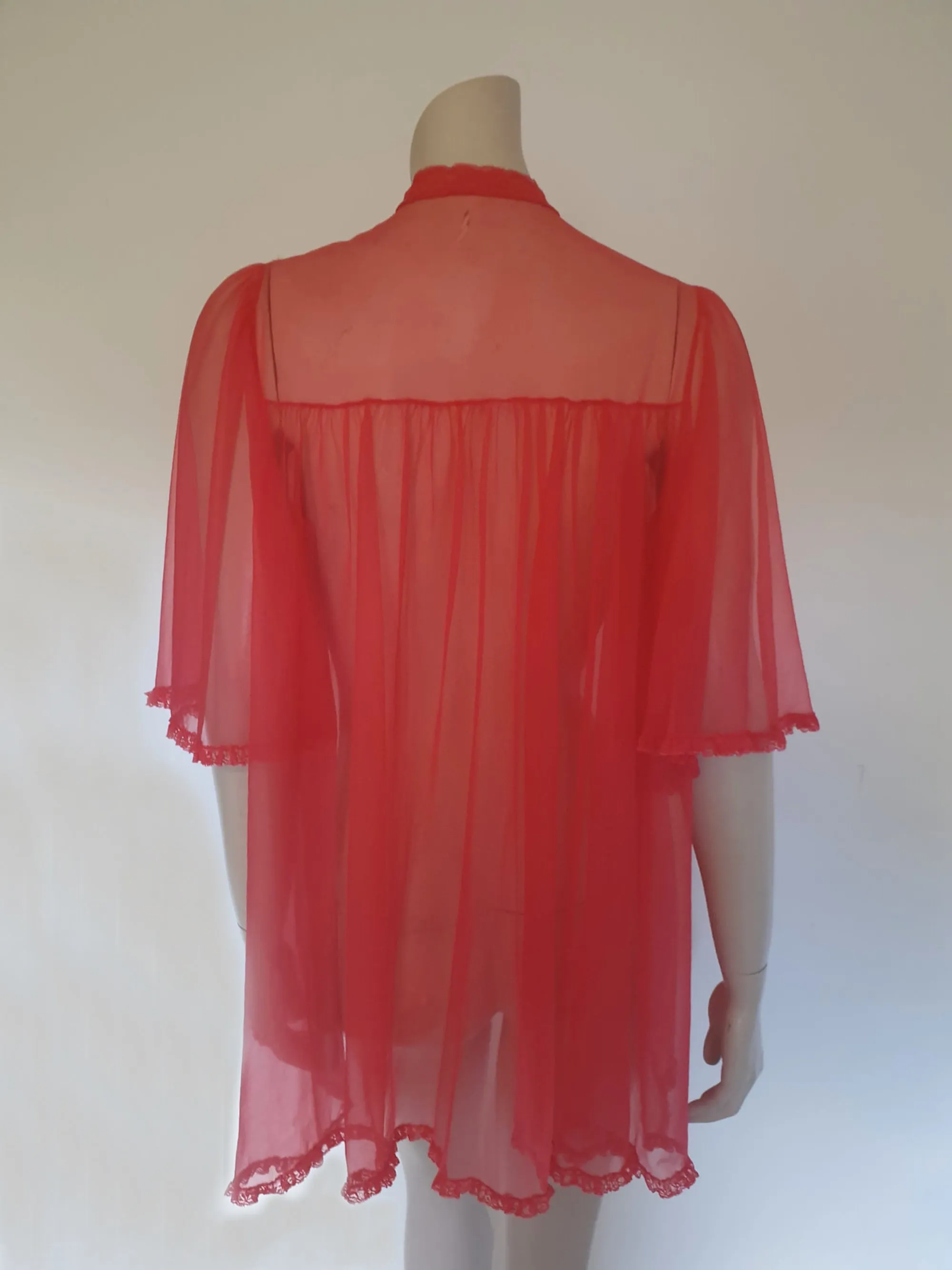 Sheer Red Mini Robe With Lace Yoke and Mandarin Collar - M