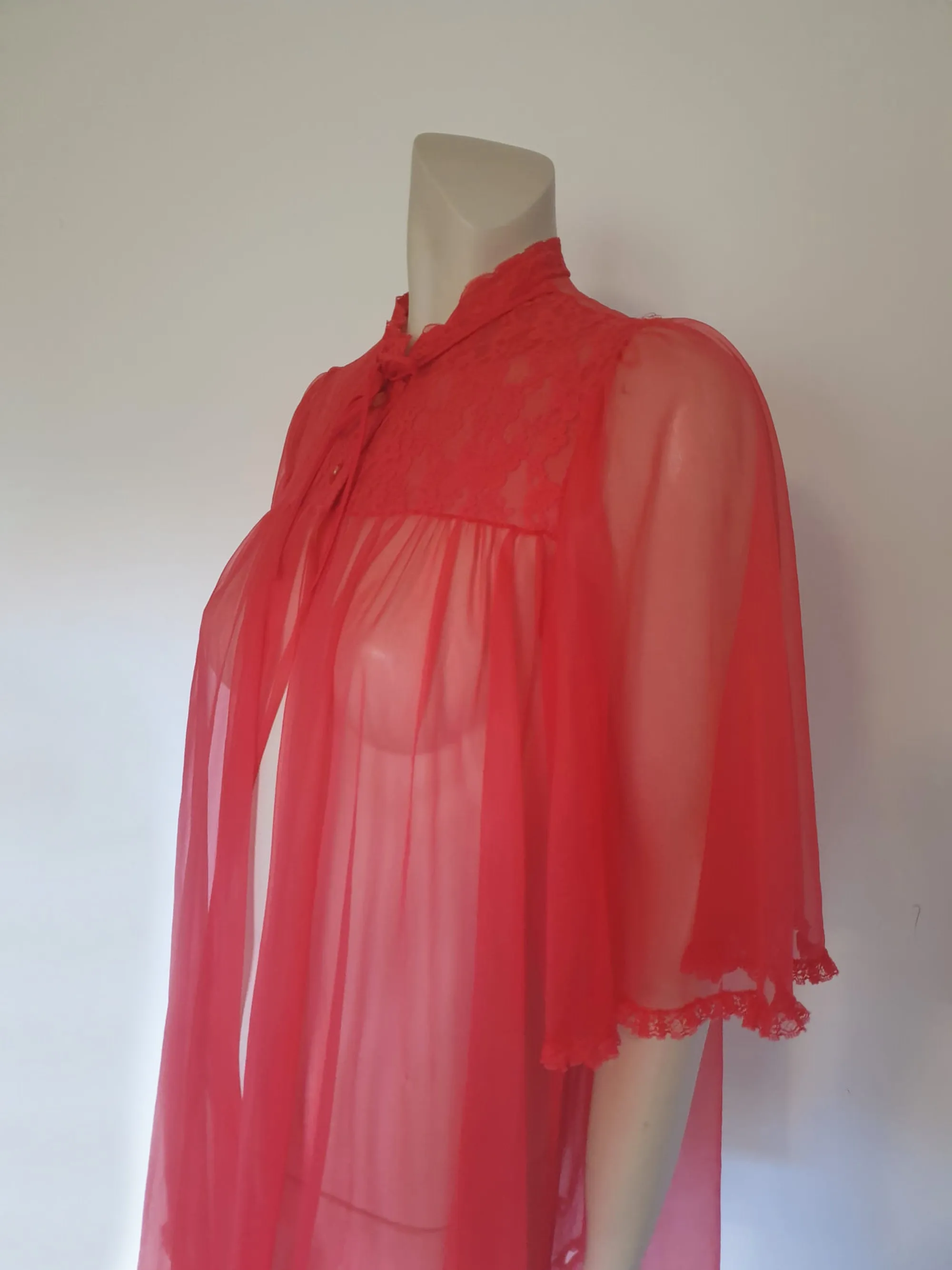 Sheer Red Mini Robe With Lace Yoke and Mandarin Collar - M
