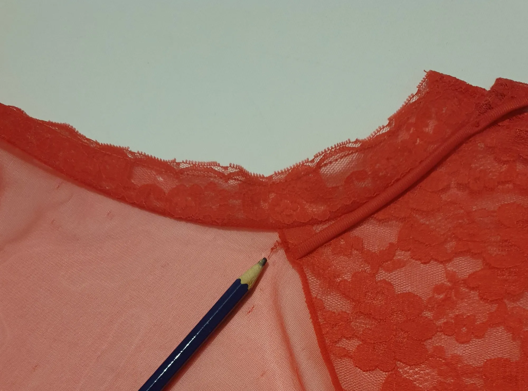 Sheer Red Mini Robe With Lace Yoke and Mandarin Collar - M