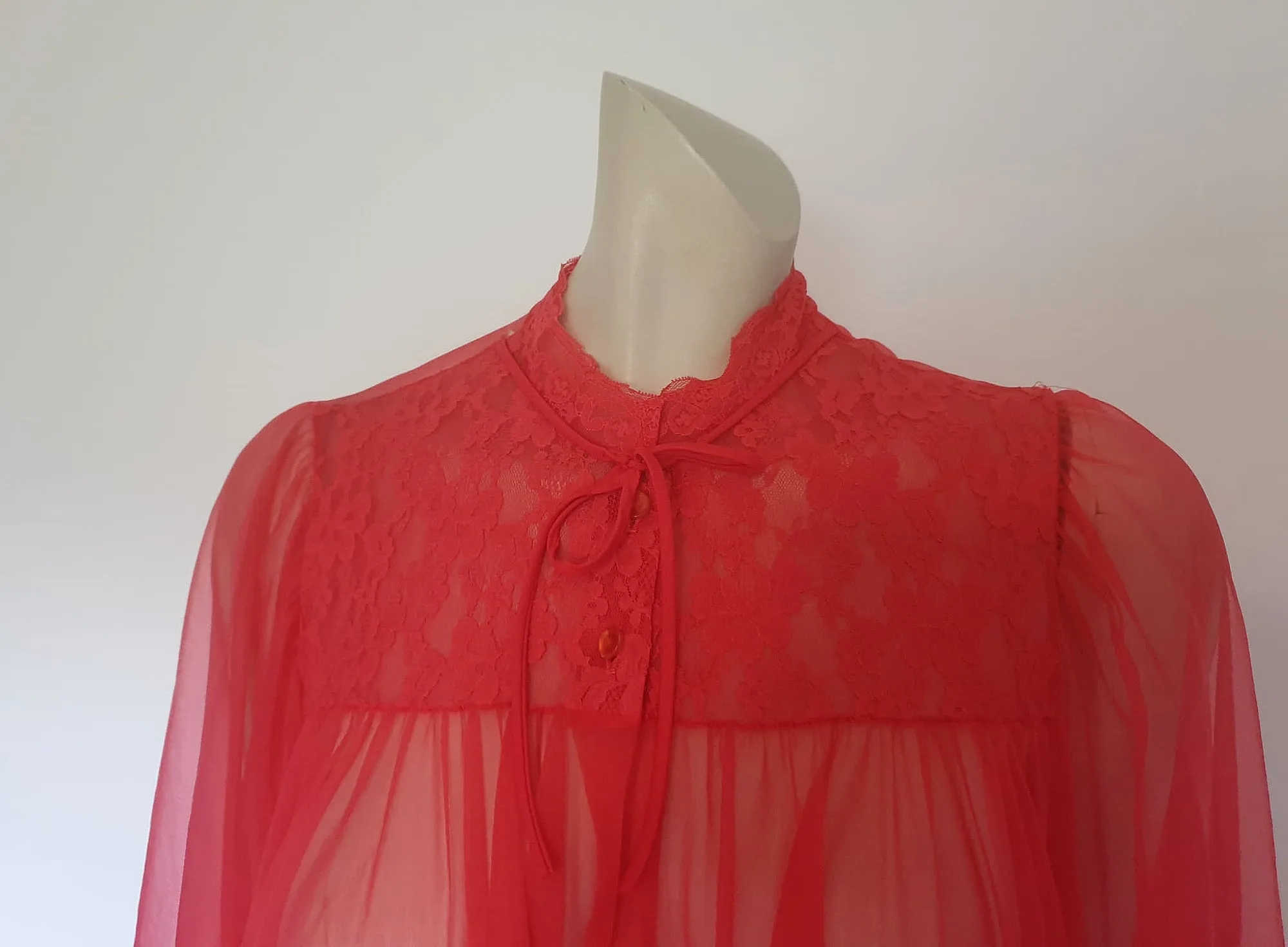 Sheer Red Mini Robe With Lace Yoke and Mandarin Collar - M