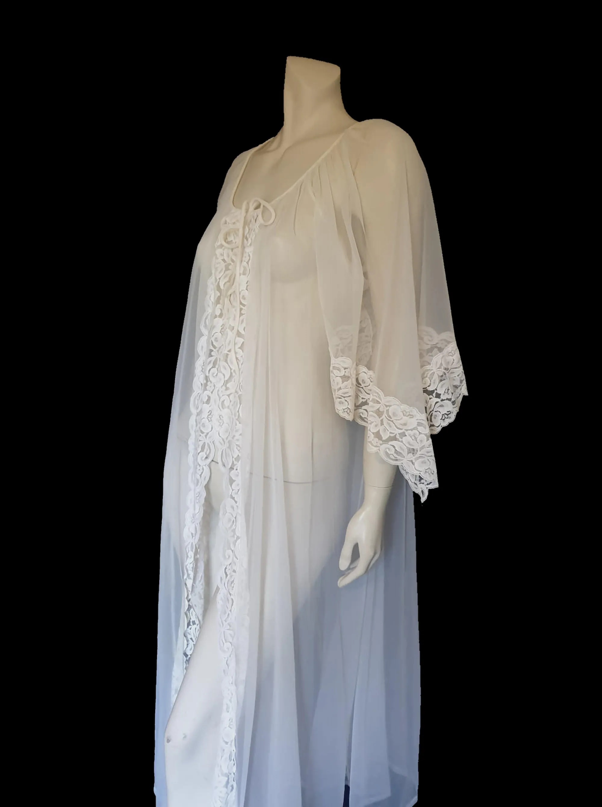 Sheer White Peignoir, Robe, With Shaped Bell Sleeves - L