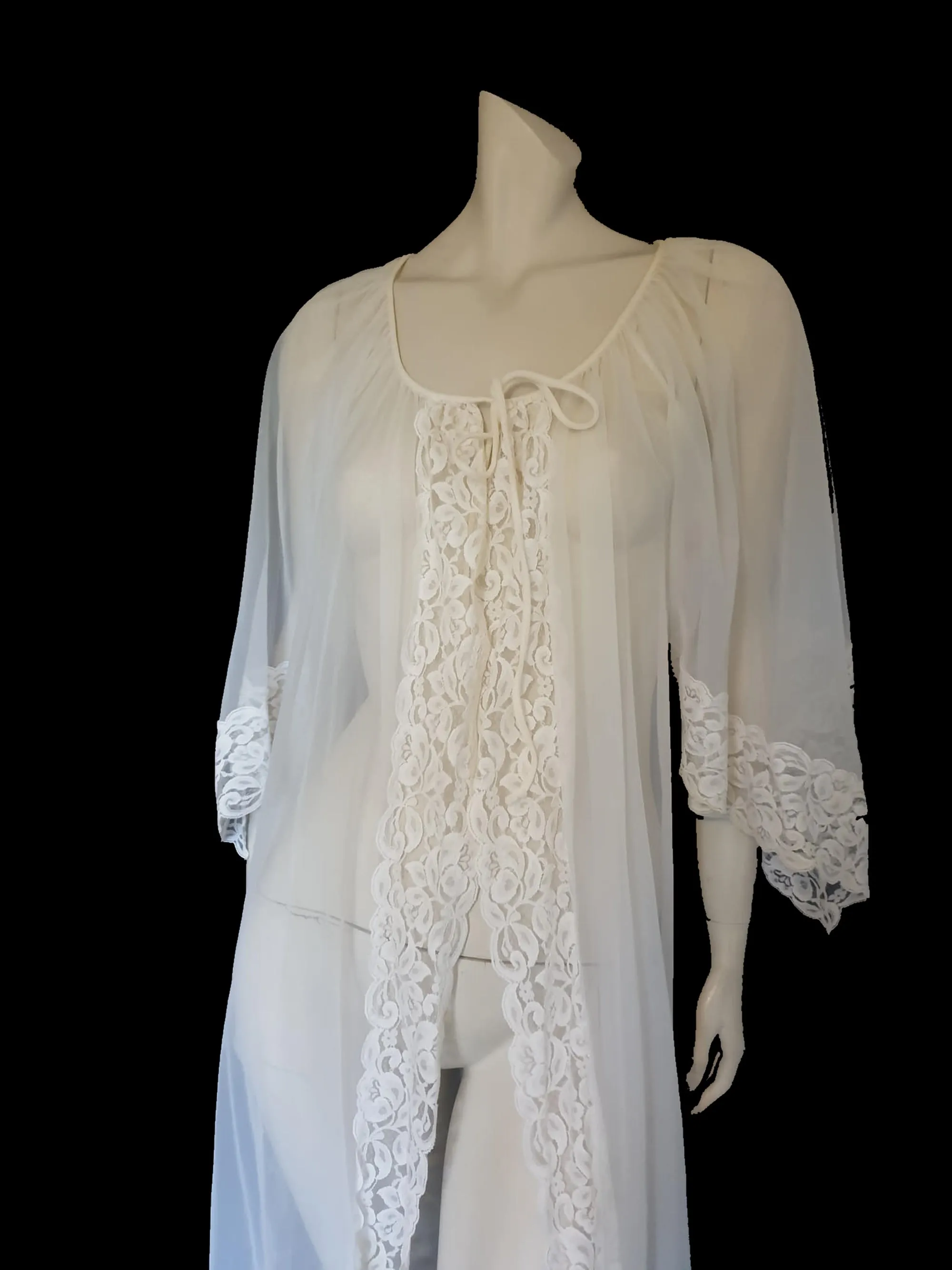 Sheer White Peignoir, Robe, With Shaped Bell Sleeves - L