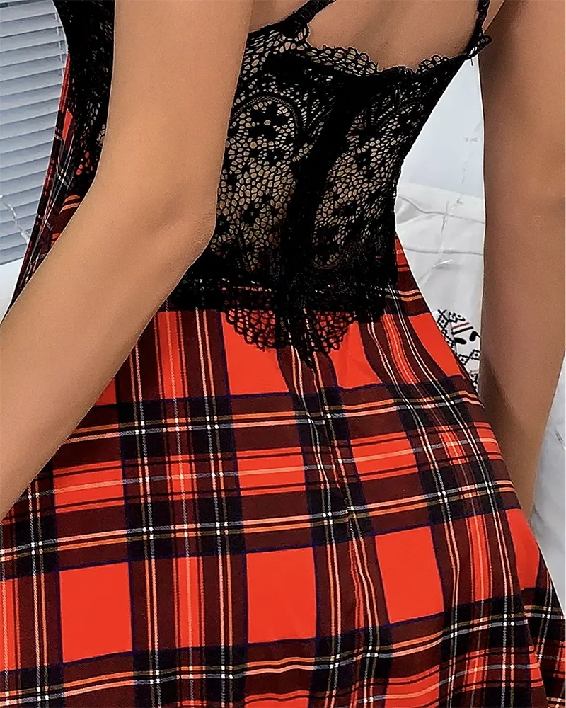 Shesways® Plaid Print Crisscross Backless Sleep Dress Contrast Lace Plunge Sleeveless Nightgown Sleepwear