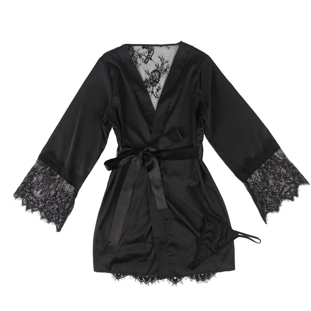 Silk Satin Egypt Lace Back Hollow Out Sexy Women Kimono Home