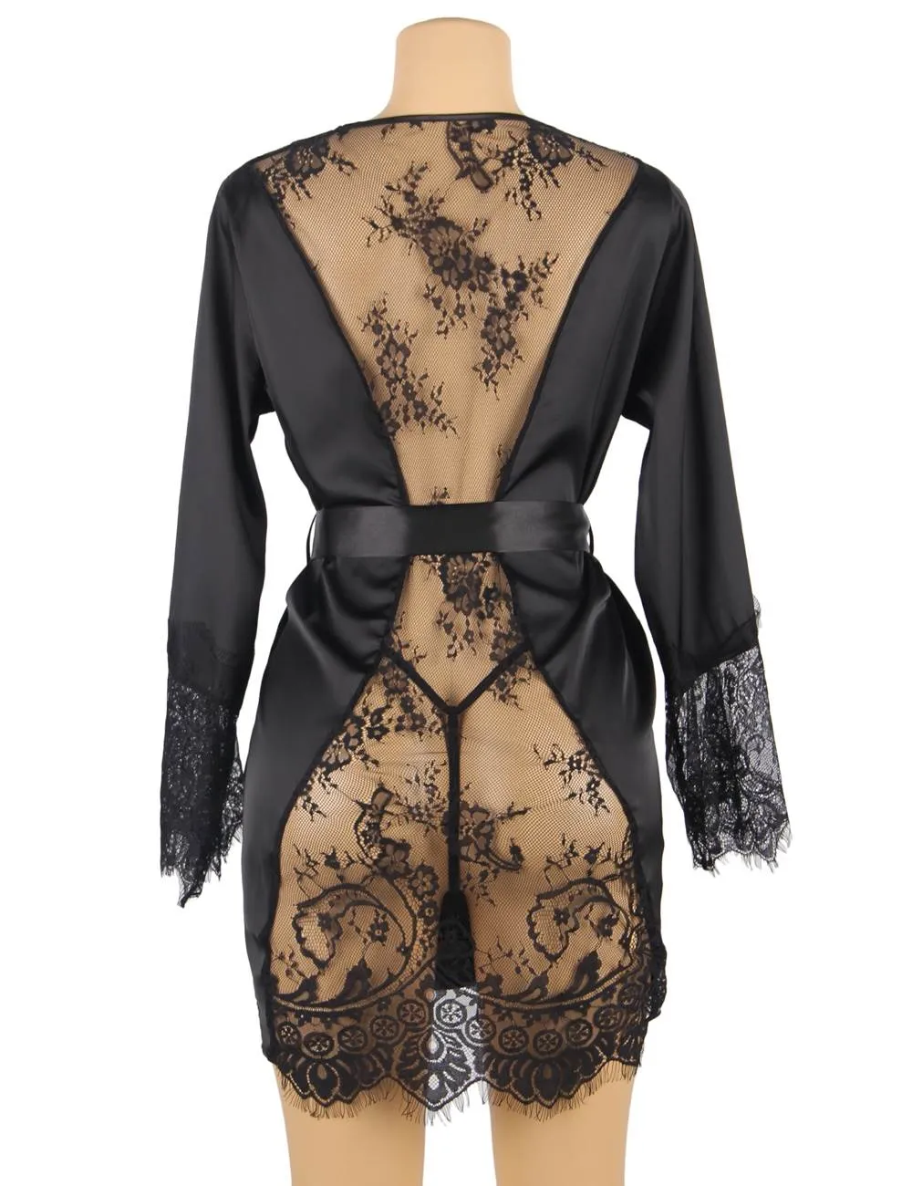 Silk Satin Egypt Lace Back Hollow Out Sexy Women Kimono Home