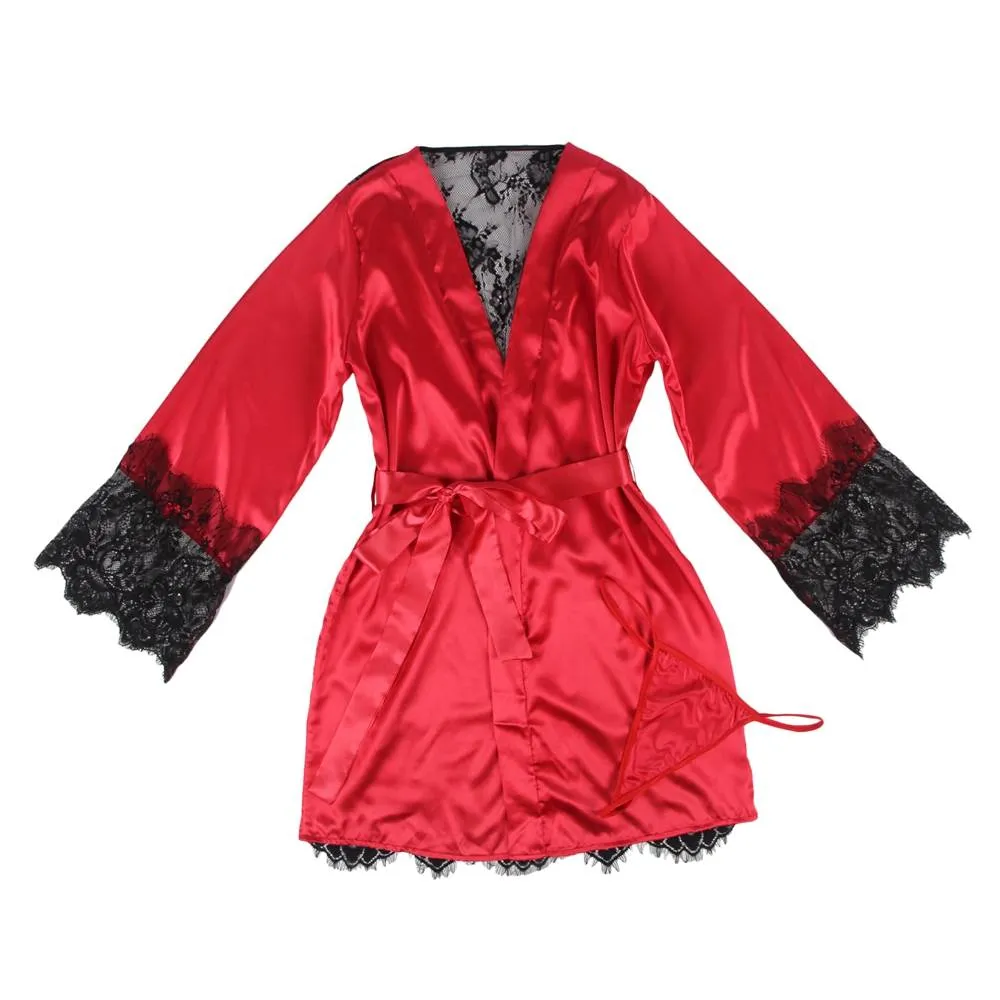 Silk Satin Egypt Lace Back Hollow Out Sexy Women Kimono Home