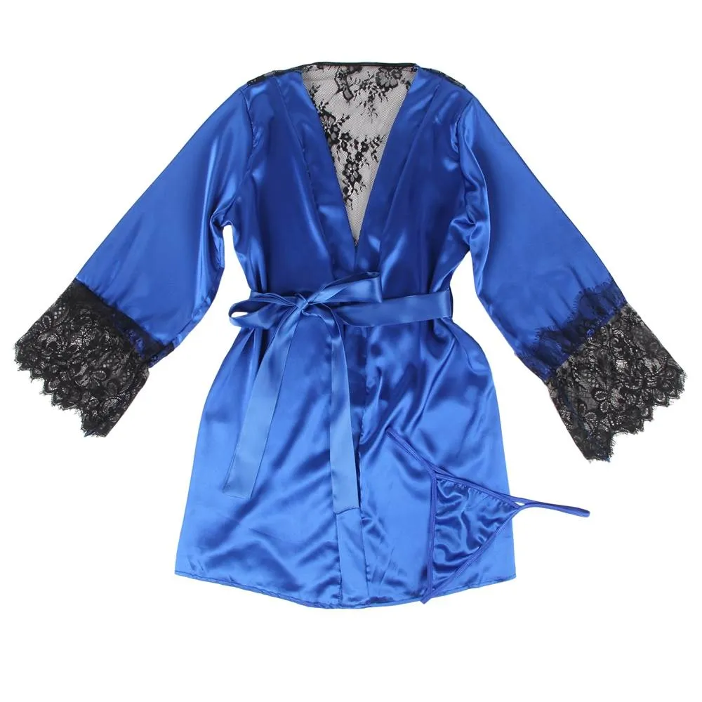 Silk Satin Egypt Lace Back Hollow Out Sexy Women Kimono Home