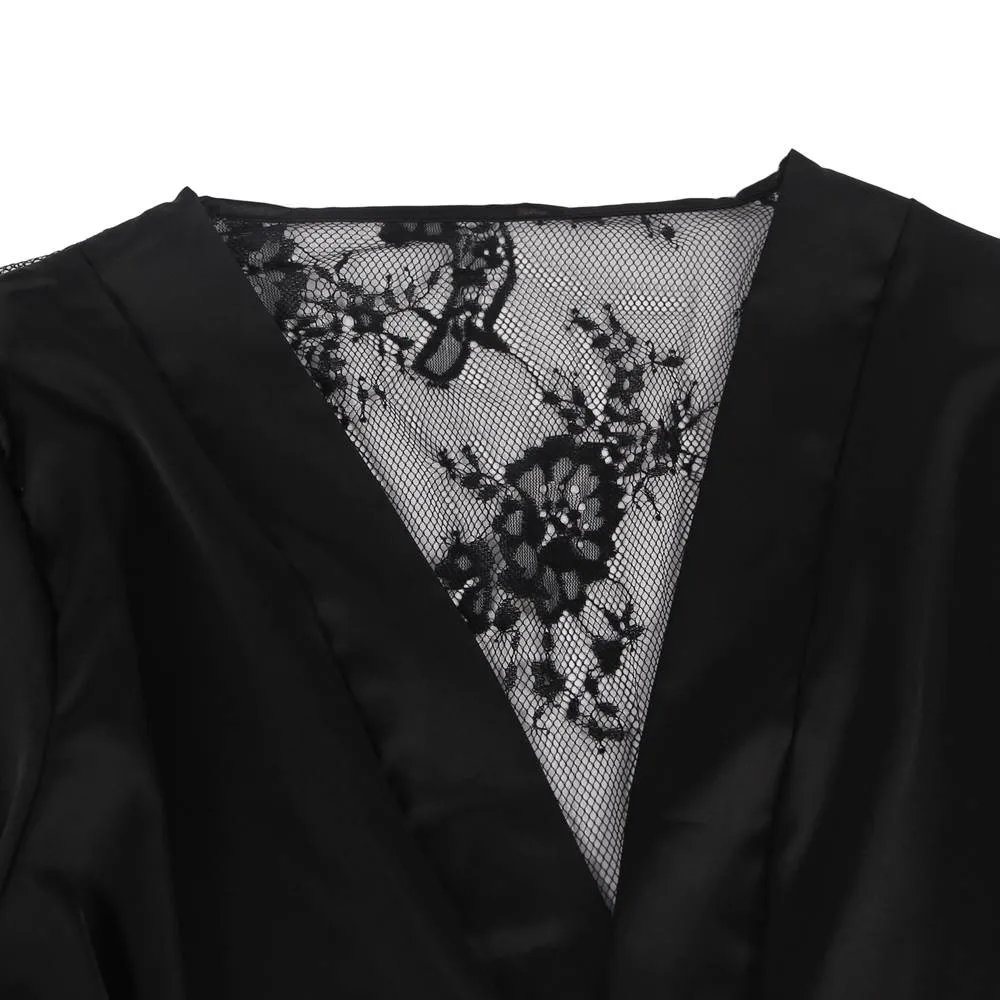 Silk Satin Egypt Lace Back Hollow Out Sexy Women Kimono Home
