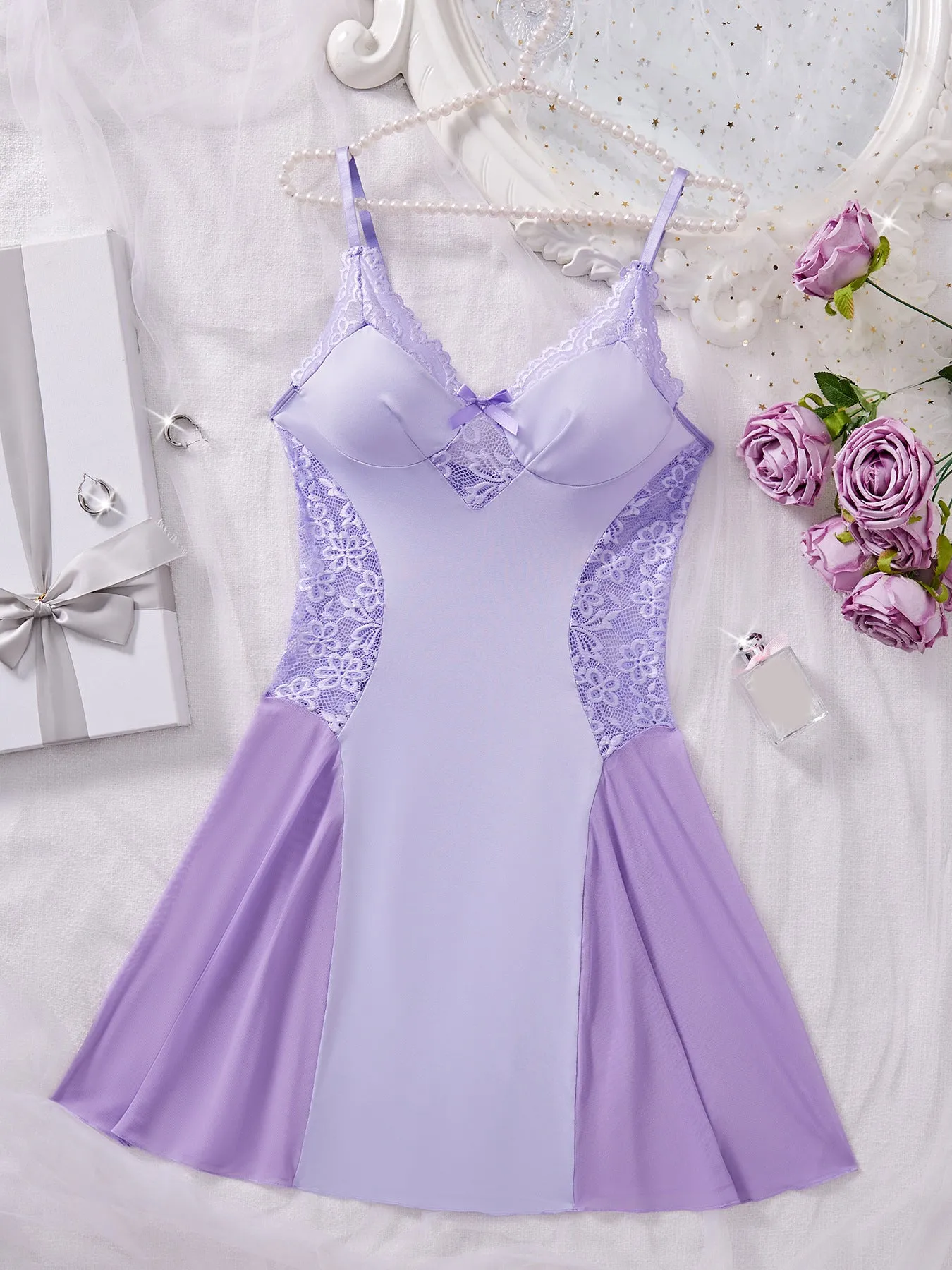 Soft V-Neck Sheer Lace Mesh Nightgown