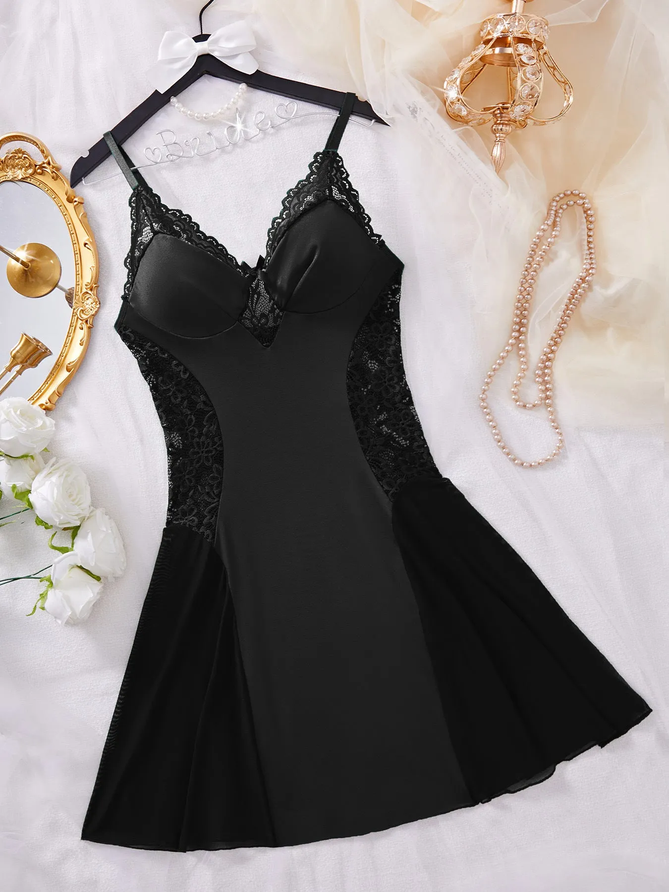 Soft V-Neck Sheer Lace Mesh Nightgown