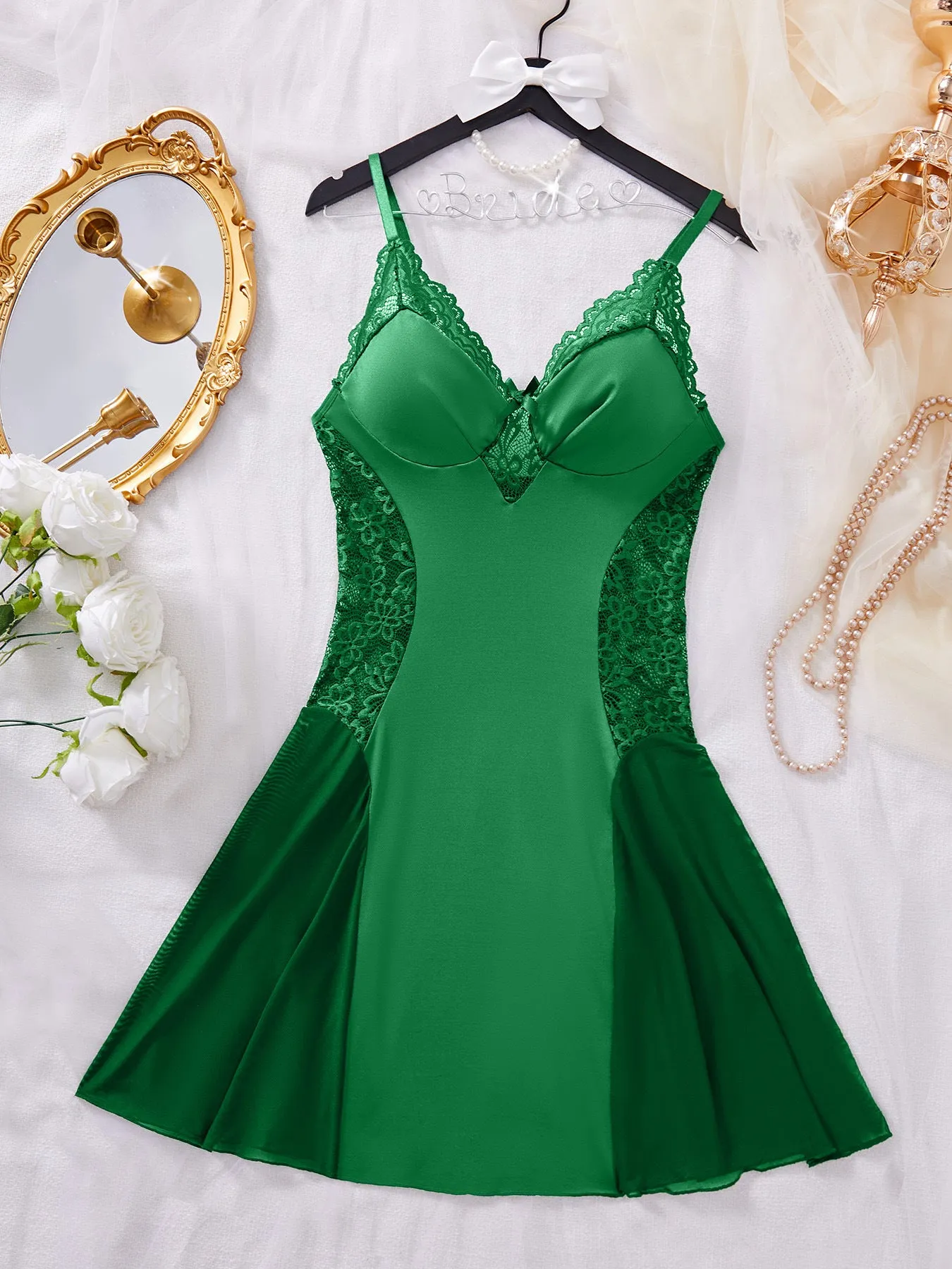 Soft V-Neck Sheer Lace Mesh Nightgown
