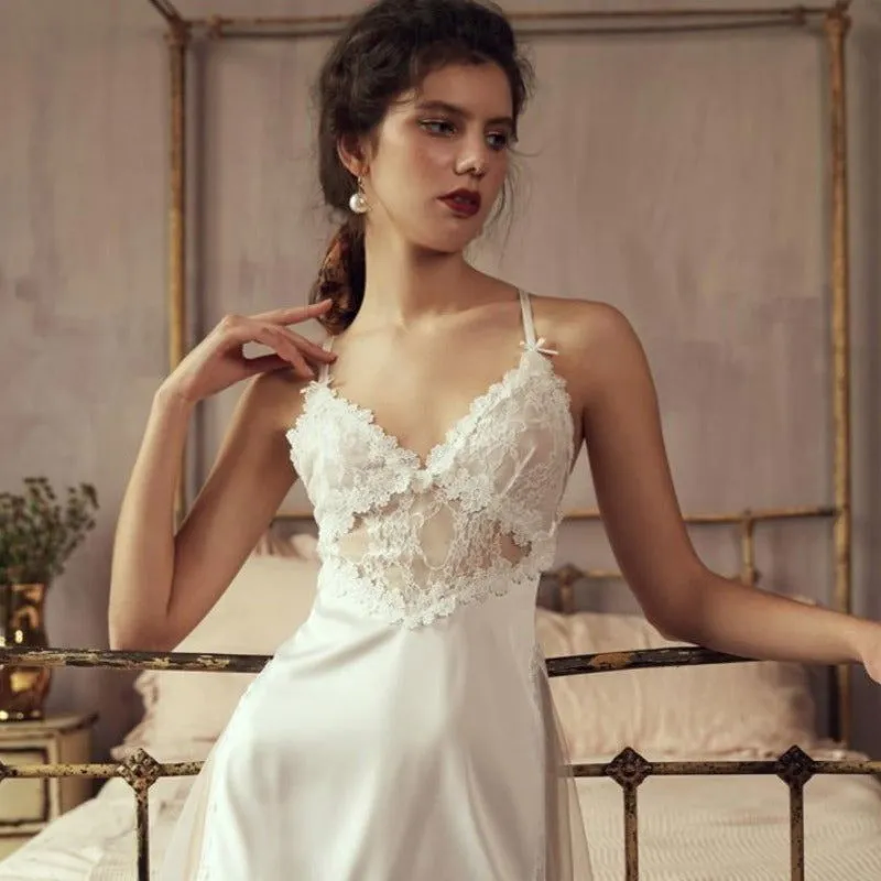 Spaghetti Strap Side Slit Deep V Silk Nightdress